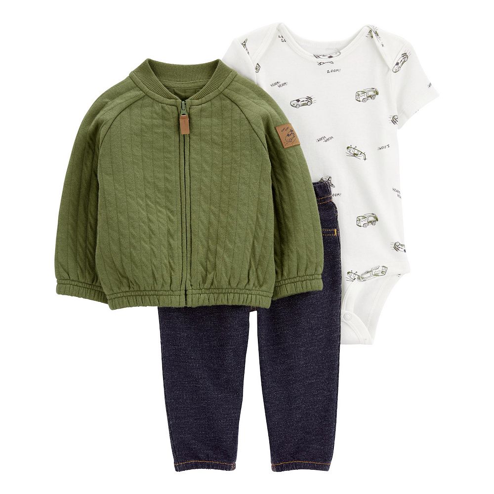 Carter's 3pc Baby Boy Blue Wolf Hoodie, Striped Bodysuit and Grey Pants Set main image 1
