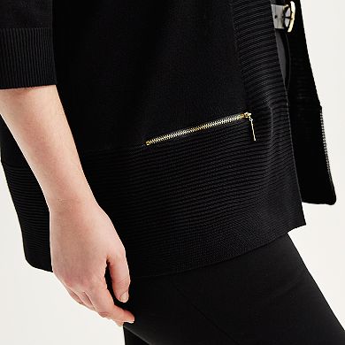 Plus Size Magaschoni 3/4-Length Sleeve Zipper Detail Open Front Cardigan