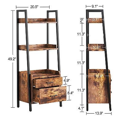 Fabato 3 Tier Display Bookcase With Ladder Shelves And Metal Frame, Rustic Brown
