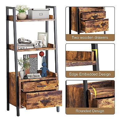Fabato 3 Tier Display Bookcase With Ladder Shelves And Metal Frame, Rustic Brown