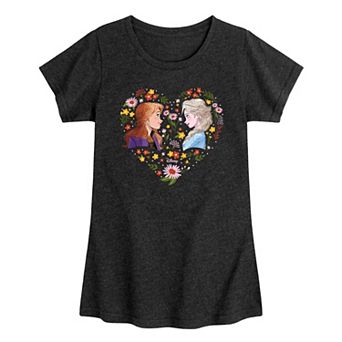 Girls Frozen Anna Elsa Floral Heart Graphic Tee