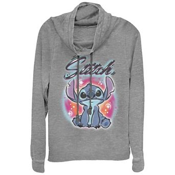 Juniors' Lilo & Stitch Airbrush Stitch Cowlneck Graphic Lightweight Long Sleeve