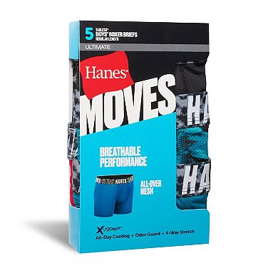 Boys 4-20 Hanes® 5 Pack Moves Ultimate Performance Stretch Moisture Wicking Boxer Briefs Underwear