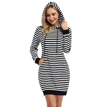 Women's Long Sleeve Pullover Hooded Dress Slim Fit Tunic Mini Dress With Pocket