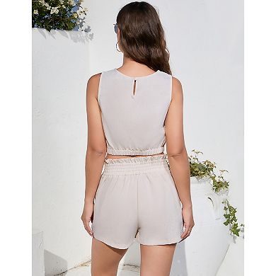 Women's Two Piece Outfit Summer Lounge Sets Sleeveless Crop Top Tank Hight Waist Shorts With Pocket