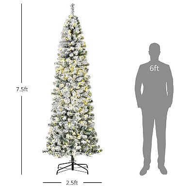 7.5' Pre-lit Hinged Snow Flocked Pencil Artificial Christmas Tree W/ Led Lights