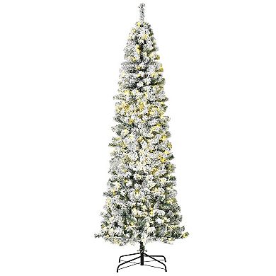 7.5' Pre-lit Hinged Snow Flocked Pencil Artificial Christmas Tree W/ Led Lights