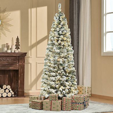6' Pre-lit Hinged Snow Flocked Pencil Artificial Christmas Tree W/ Led Lights