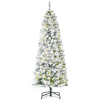 6' Pre-lit Hinged Snow Flocked Pencil Artificial Christmas Tree W/ Led Lights