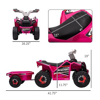 6v Kids Atv Quad Car With Back Trailer, Forward Backward Pink