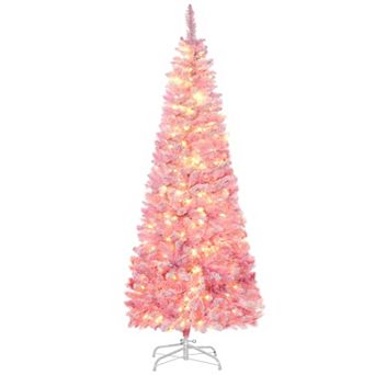6/7.5' Prelit Snow Flocked Artificial Christmas Tree W/ Tips, Led Lights, Pink