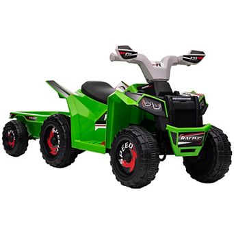 6v Kids Atv Quad Car With Back Trailer, Forward Backward Green