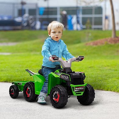 6v Kids Atv Quad Car With Back Trailer, Forward Backward Green