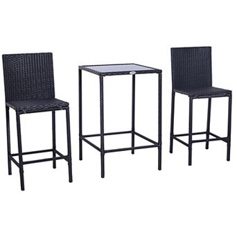 3 pc Rattan Bar Dining Chair Glass Table Set Bistro Barstool Furniture