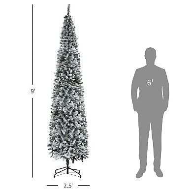 HOMCOM 9ft Slim Unlit Pine Snow Flocked Artificial Christmas Hinged PVC Tree