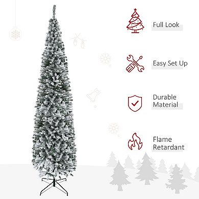 HOMCOM 9ft Slim Unlit Pine Snow Flocked Artificial Christmas Hinged PVC Tree