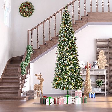9 Ft Pre-lit Christmas Tree White Snow Flocked Holiday Decoration W/ Led Lights