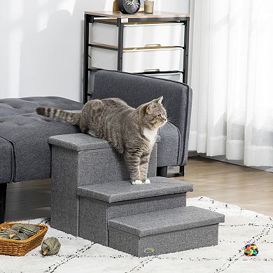 3-steps Pet Stairs With Storage For Injured Pet, Older Pets, Small Cats, Gray
