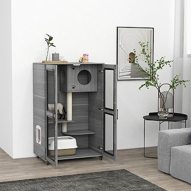 Cat Cage With Cat Tree, Kitty House W/ Scratching Posts Condo Wheels Flap Door