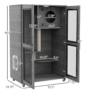 Cat Cage With Cat Tree, Kitty House W/ Scratching Posts Condo Wheels Flap Door