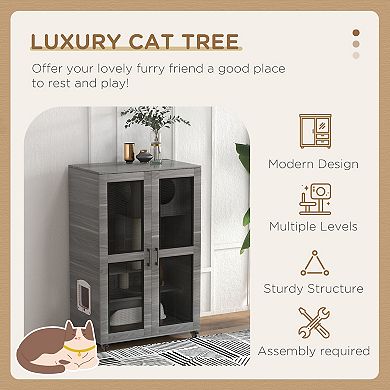 Cat Cage With Cat Tree, Kitty House W/ Scratching Posts Condo Wheels Flap Door