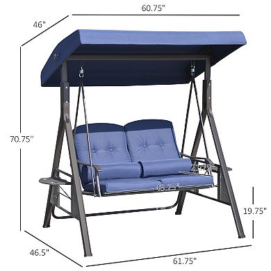 Porch Swing Bench, 2-seat Loveseat, Cushions, Pillows, Adjustable Canopy, Blue