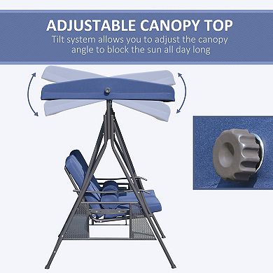 Porch Swing Bench, 2-seat Loveseat, Cushions, Pillows, Adjustable Canopy, Blue