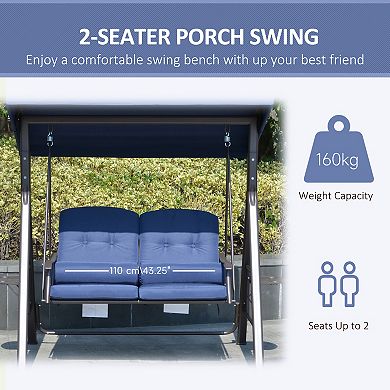 Porch Swing Bench, 2-seat Loveseat, Cushions, Pillows, Adjustable Canopy, Blue