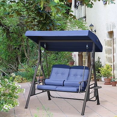 Porch Swing Bench, 2-seat Loveseat, Cushions, Pillows, Adjustable Canopy, Blue