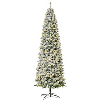 9' Pre-lit Hinged Snow Flocked Pencil Artificial Christmas Tree W/ Led Lights