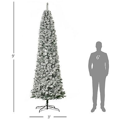 9' Pre-lit Hinged Snow Flocked Pencil Artificial Christmas Tree W/ Led Lights