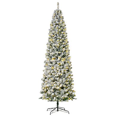 9' Pre-lit Hinged Snow Flocked Pencil Artificial Christmas Tree W/ Led Lights