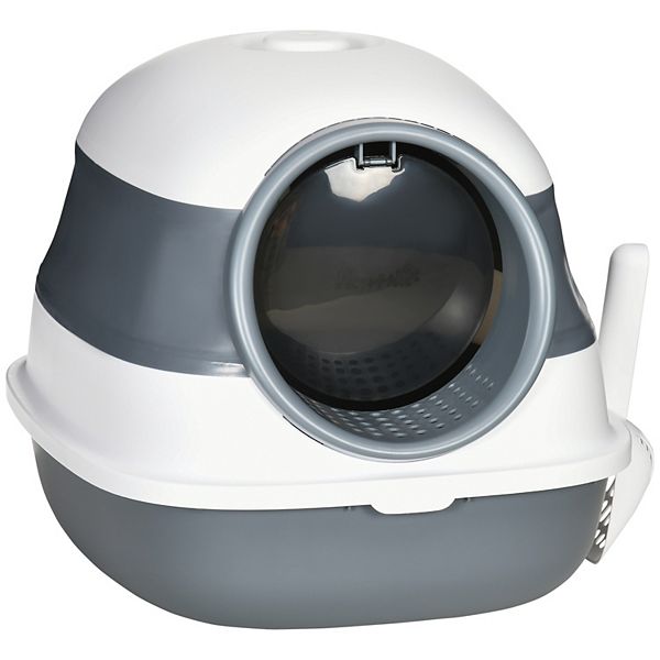 PawHut Cat Litter Box with Lid, Covered Litter Box w/ High Sides, Air Freshener, Large Two-Way Entrance Kitty Litter Box, Foldable, Easy Clean, White, and Gray - White