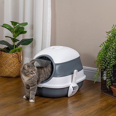 PawHut Cat Litter Box with Lid Covered Litter Box with High Sides White and Gray