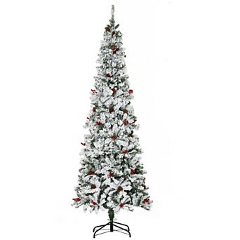 7.5' Snow Artificial Christmas Tree W/ 950 Tip, Pine Cone, Red Berry, Auto Open