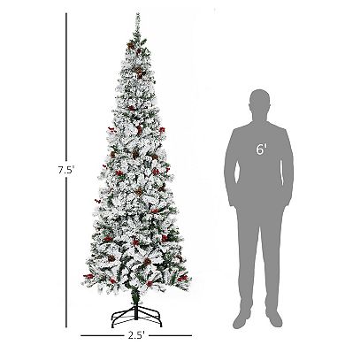 7.5' Snow Artificial Christmas Tree W/ 950 Tip, Pine Cone, Red Berry, Auto Open