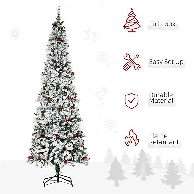 7.5' Snow Artificial Christmas Tree W/ 950 Tip, Pine Cone, Red Berry, Auto Open