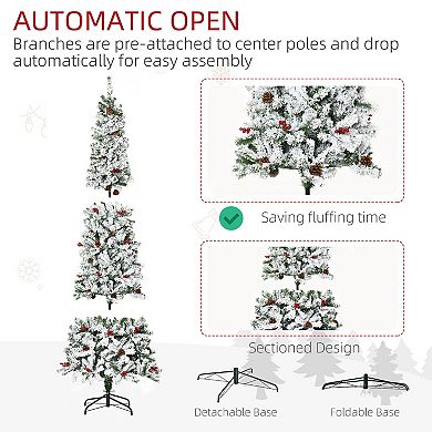7.5' Snow Artificial Christmas Tree W/ 950 Tip, Pine Cone, Red Berry, Auto Open