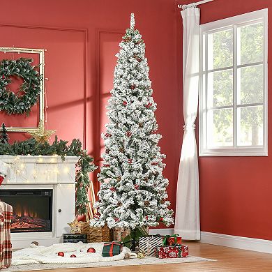 7.5' Snow Artificial Christmas Tree W/ 950 Tip, Pine Cone, Red Berry, Auto Open