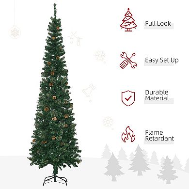 7.5' Pencil Artificial Christmas Tree Holiday Decoration W/ 706 Tips Pine Cones