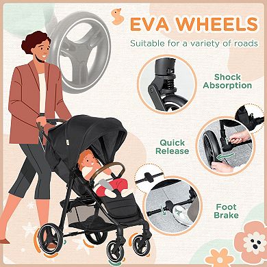 Qaba Lightweight Baby Stroller W/ Storage Basket, Cup Holder, Canopy, Grey