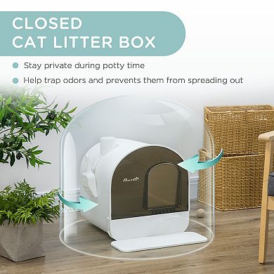 PawHut Cat Litter Box with Lid, Covered Litter Box for Indoor Cats with Tray, Scoop, Filter, 17" x 17" x 18.5", White