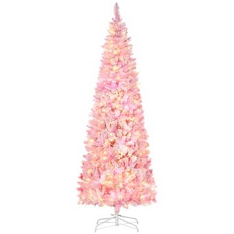 6/7.5' Prelit Snow Flocked Artificial Christmas Tree W/ Tips, Led Lights, Pink