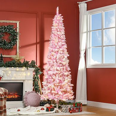 6/7.5' Prelit Snow Flocked Artificial Christmas Tree W/ Tips, Led Lights, Pink