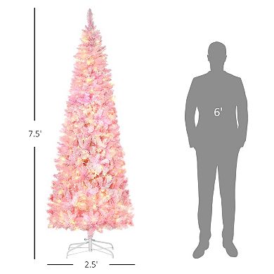 6/7.5' Prelit Snow Flocked Artificial Christmas Tree W/ Tips, Led Lights, Pink