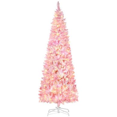 6/7.5' Prelit Snow Flocked Artificial Christmas Tree W/ Tips, Led Lights, Pink