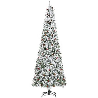 9' Snow Artificial Christmas Tree W/ 1350 Tip, Pine Cone, Red Berry, Auto Open