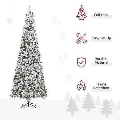 9' Snow Artificial Christmas Tree W/ 1350 Tip, Pine Cone, Red Berry, Auto Open