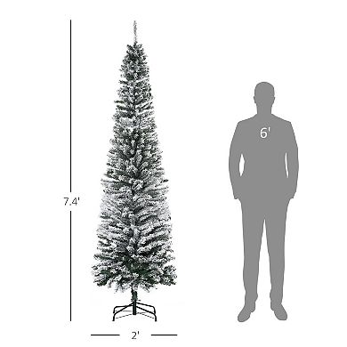 HOMCOM 7.5ft Slim Unlit Pine Snow Flocked Artificial Christmas Hinged PVC Tree