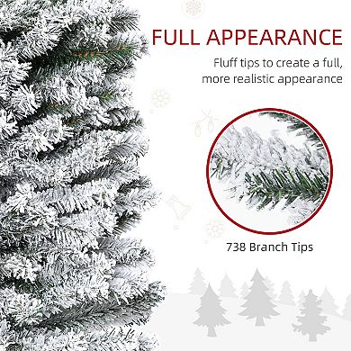 HOMCOM 7.5ft Slim Unlit Pine Snow Flocked Artificial Christmas Hinged PVC Tree